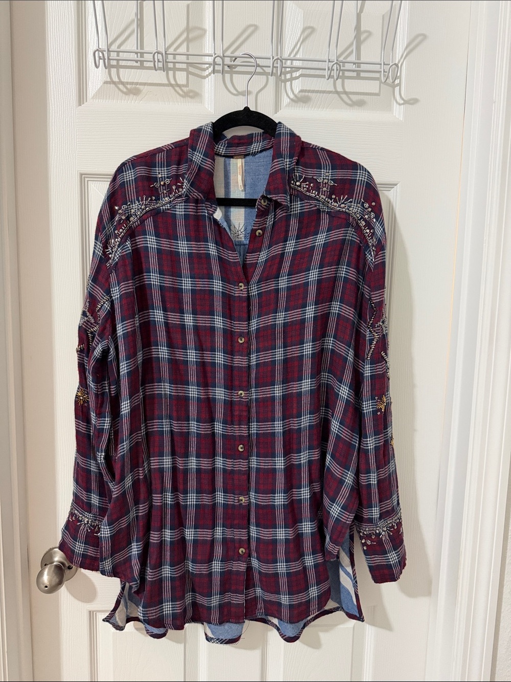 Free People 100% Cotton Embroidered Plaid Button-Up Shirt in Burgundy and Blue